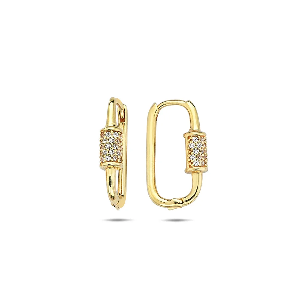 14 Ayar Silindir Taş Detaylı Oval Halka Altın Küpe görsel 1